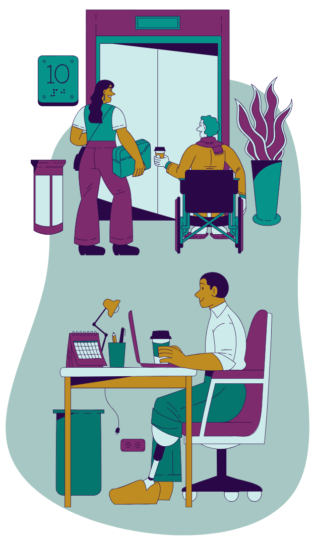 Branded illustration of an office environment, with a person working at a laptop with a coffee, and two colleagues waiting for a lift, one in a wheelchair.