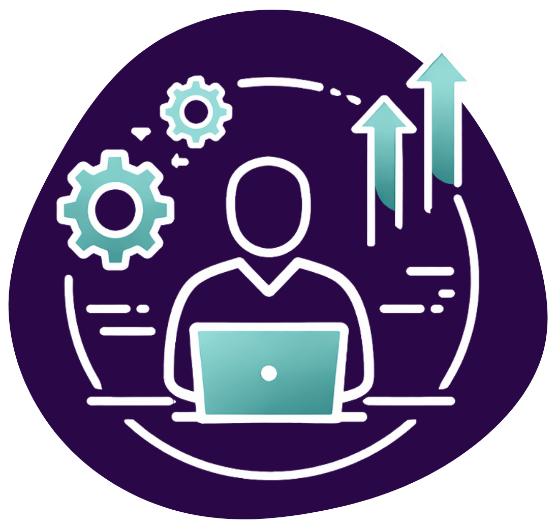 Circular icon of person working with up arrows representing productivity.