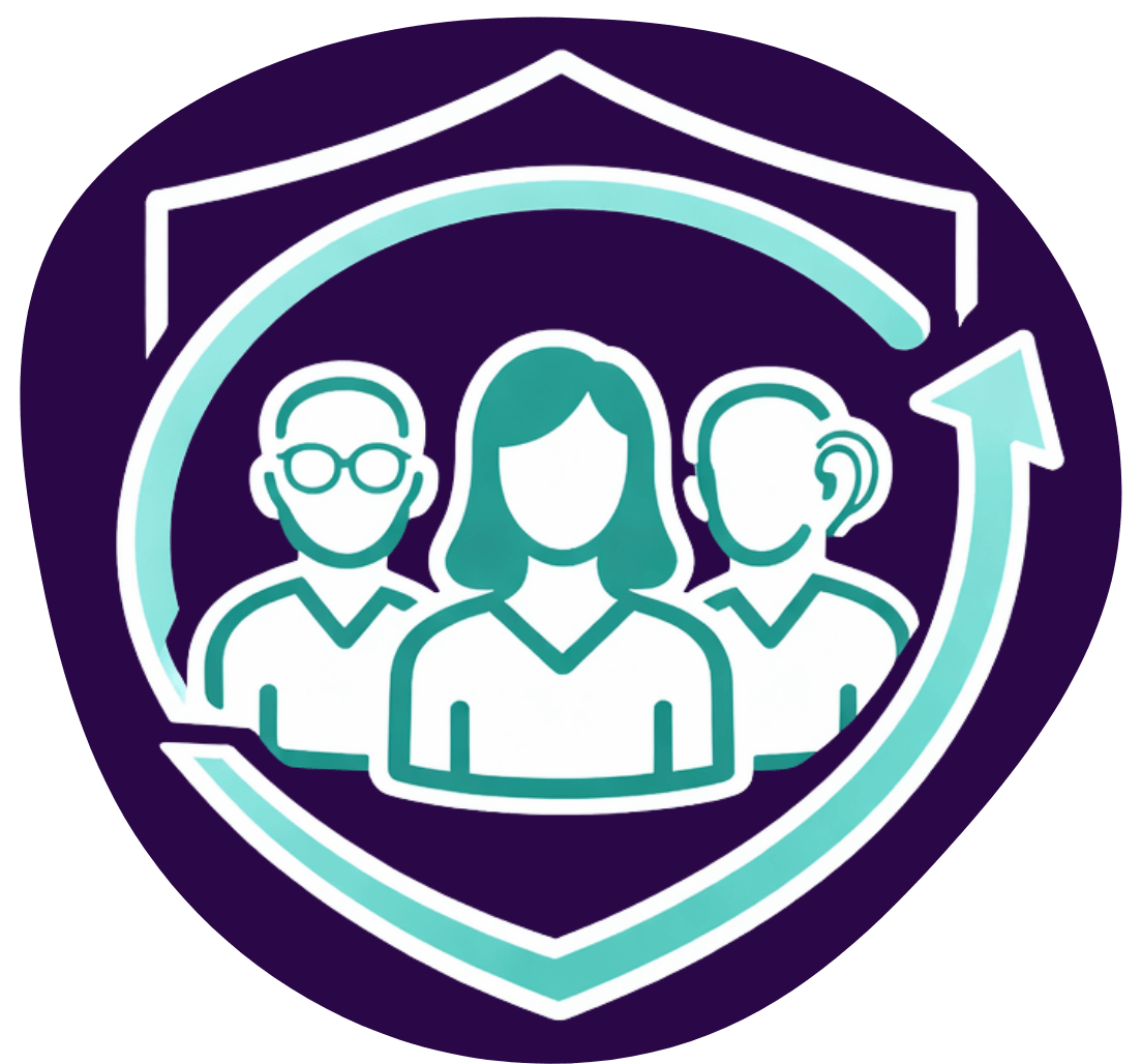 Circular icon of 3 people inside a shield with a full arrow representing retention
