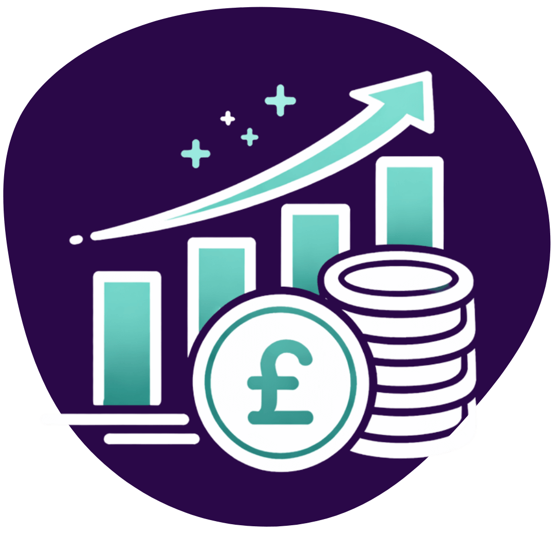 Circular icon of a pile of pound coins with an upward graph behind representing financial growth.