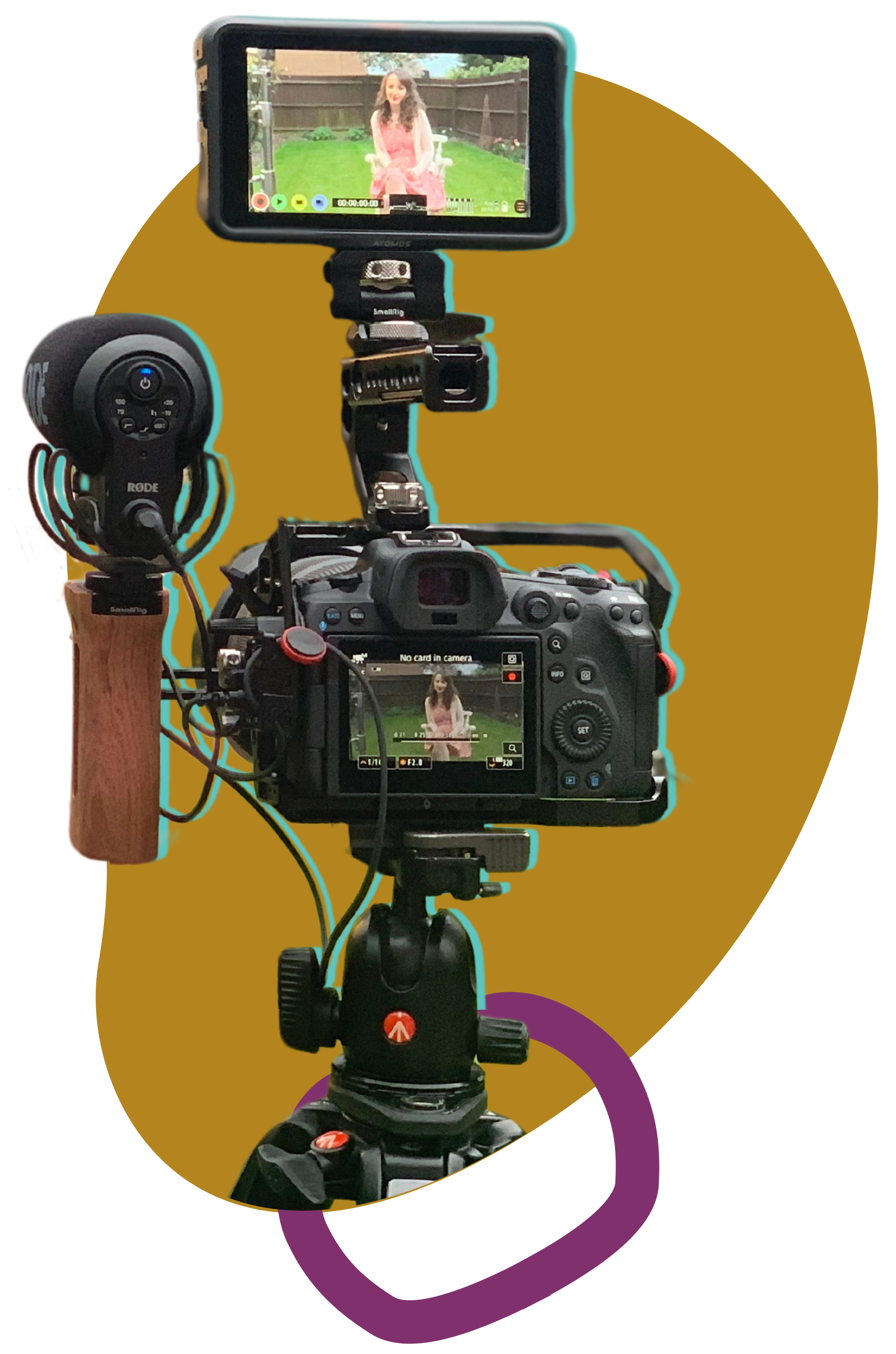 Behind view of a professional video camera shows Patchwork Hub's founder Beth in the camera monitor.