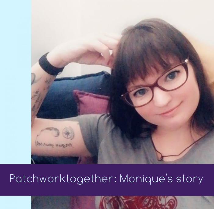 Monique behind a purple text box reading, ‘Patchworktogether: Monique’s story’.