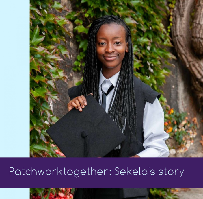 Sekela behind a purple text box that reads, ‘Patchworktogether: Sekela’s story.