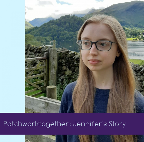 A photograph of Jennifer behind a purple text box that reads 'Patchworktogether: Jennifer's Story'