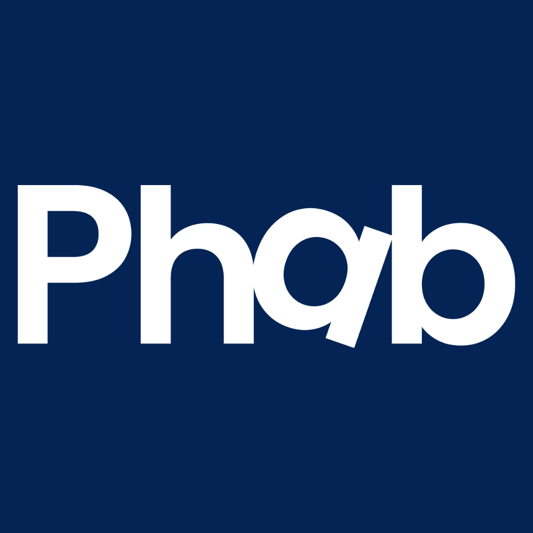A blue square with the word "Phab" inside it. The writing is in white Poppins font, and the ‘a’ within Phab is slightly twisted to one side.